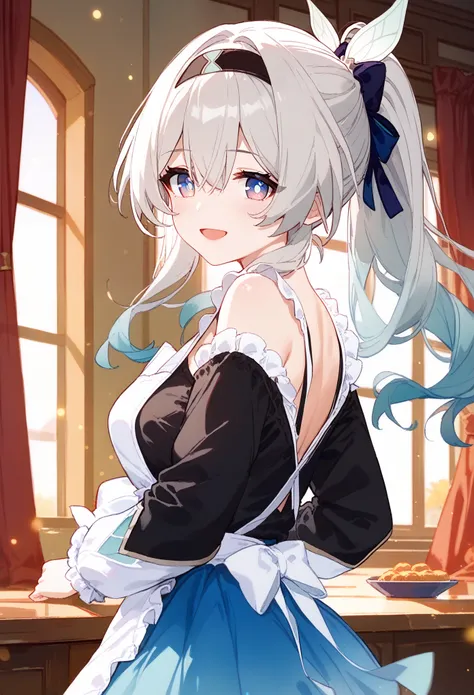 1girl, firefly,honkai star rail,solo, maid,long hair, breasts, looking at viewer, blush, smile, open mouth, blue eyes, long sleeves, hair ornament, hair between eyes, white hair, grey hair, hair ribbon, ponytail, sidelocks, hair bow, indoors, looking back,...