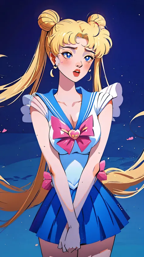 1 very young japanese girl, sailor moon, blonde hair, blushing, Shy, Red lips, mouth open, winking, cute overload, pale face, close up shot, Sweet, small breasts, ((best quality)), ((masterpiece)), (detailed), big expressive blue eyes, Slender、solid pink b...