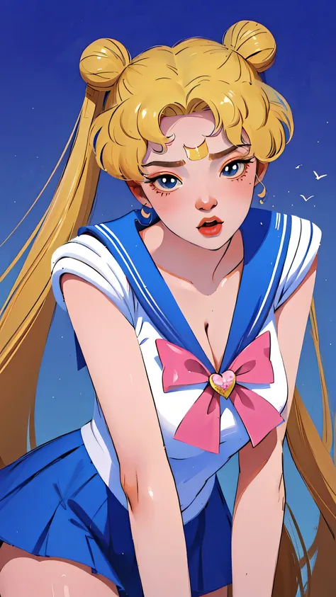 1 very young japanese girl, sailor moon, blonde hair, blushing, Shy, Red lips, mouth open, winking, cute overload, pale face, close up shot, Sweet, small breasts, ((best quality)), ((masterpiece)), (detailed), big expressive blue eyes, Slender、solid pink b...
