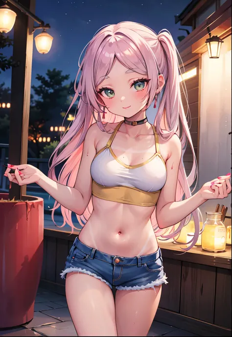 Frieren, Frieren: Beyond Journeys End, gyaru cosplay, pink crop top, jean shorts, suntan, tan lines, red lipstick, colorful nails, small naturally sagging breasts, alluring smile, nightclub, (night time), beautiful lighting, sfw,