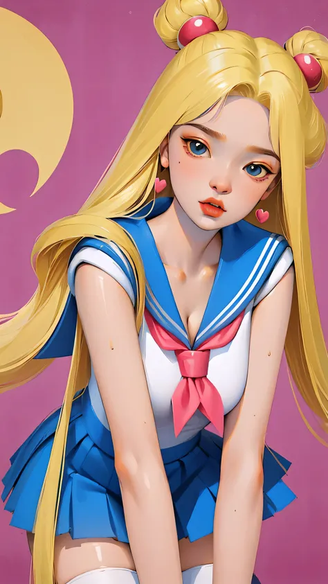 1 very young japanese girl, sailor moon, blonde hair, blushing, Shy, Red lips, mouth open, winking, cute overload, pale face, close up shot, Sweet, small breasts, ((best quality)), ((masterpiece)), (detailed), big expressive blue eyes, Slender、solid pink b...