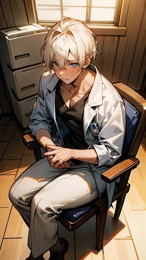 (one beautiful man), mouth slightly open, blushing, (shot hair), beautiful eyes, glowing skin, doctor's coat,  shirt/scrubs, sci...