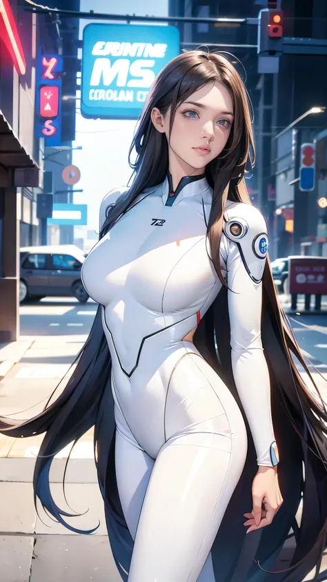 Insightful eyes,Long flowing hair,Very long, long, long hair,Porcelain white face,Soft and shiny, Futurist, futurist suit, neon light suit