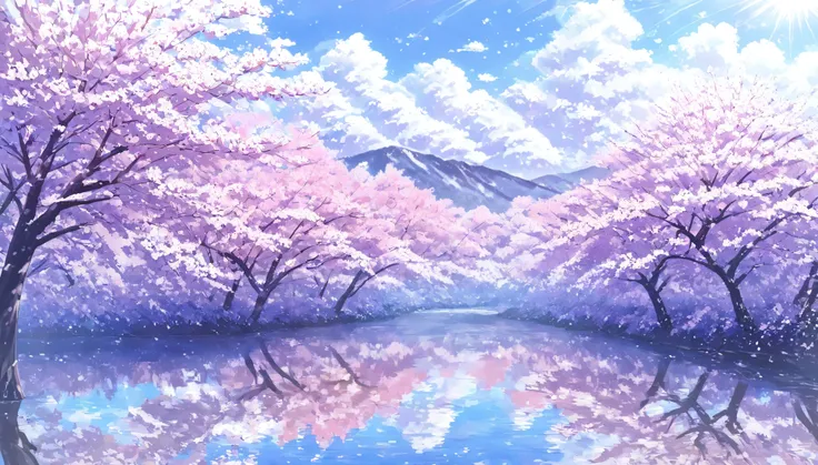 ((pastel))、 Women, river and Senbonzakura , cherry blossoms on one side by , Blizzard of cherry blossoms ,pink glow,midday, Sunlight shines on , per view from a distance , Moving scene