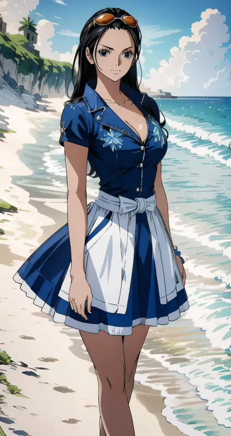 La meilleure qualité, chef-dœuvre, réaliste, fotorréaliste, 1 fille, seulement, Nico Robin, One Piece, Regardant le spectateur, ntier, Debout, Cheveux longs, Déguisement de cosplay Nico Robin, cosplay, yeux bleus, combinaison, accessoire pour les cheveux, ...