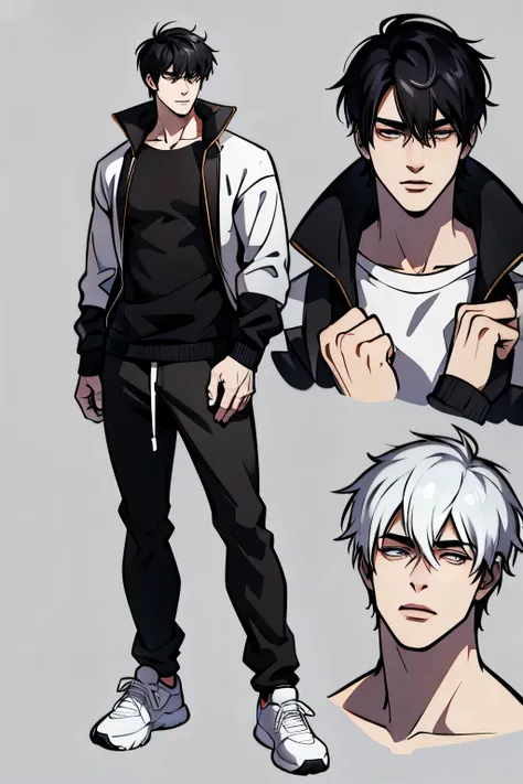 character sheet, character design, male, 20 years old, black hair, modern clothes, white sweater, black pants, white shoes, ((ma...