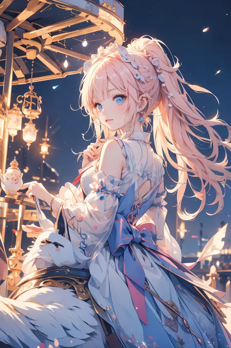 (【8k, original photo, best quality , masterpiece:1.2), Dream world ,fantasy,fairy tale , 1 girl, (carousel, night), miaoxiaoji(secret_Tea), Detailed Face , Detailed Eyes , dress, tie your hair up,decoration