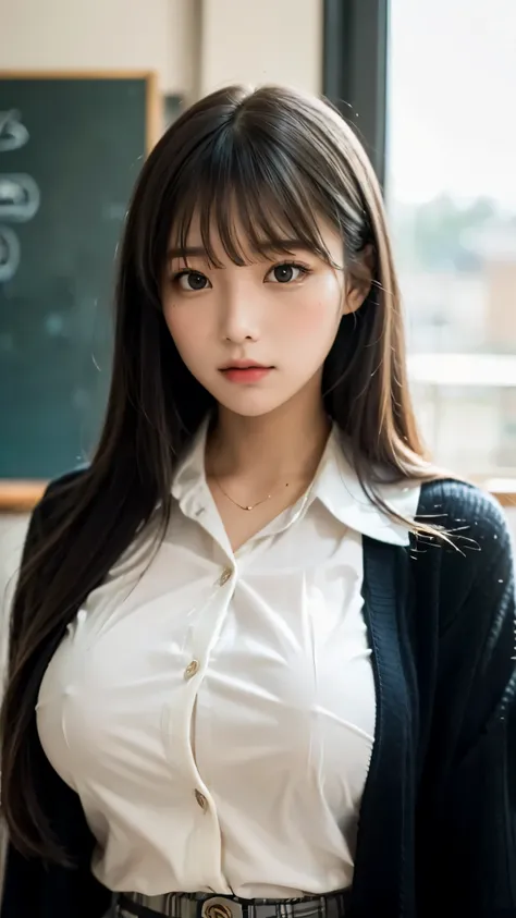 alone、high school girl、natural body shape、white skin、natural makeup、black hair、bangs、straight long hair、、(high 、long sleeve cardigan、white blouse、plaid pleated skirt)、、big breasts、((The upper body is wearing a uniform))、school classroom、looking at the came...