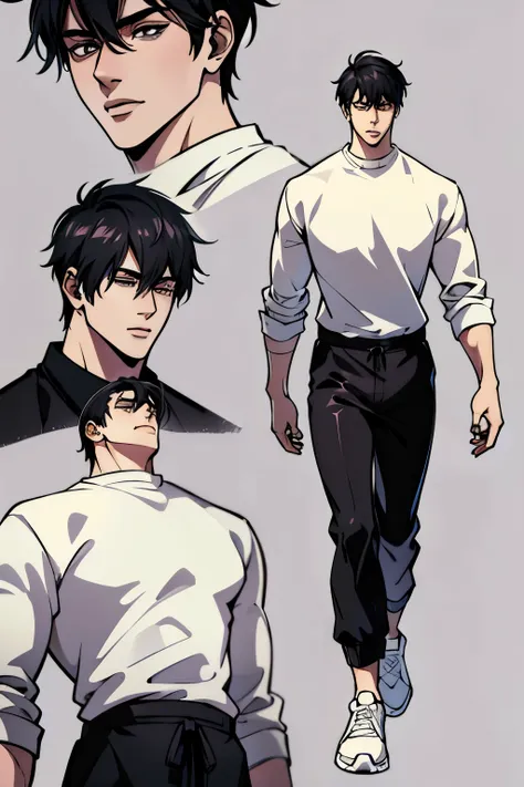 character sheet, character design, male, 20 years old, black hair, modern clothes, white sweater, black pants, white shoes, ((ma...