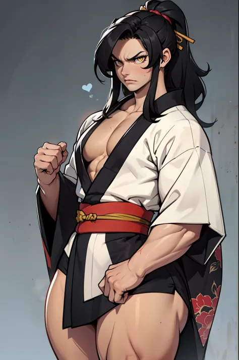 1girl black hair yellow eyes very long hair pale skin angry ((muscular toned body thick thighs small breasts thick kimono)) bodybuilder