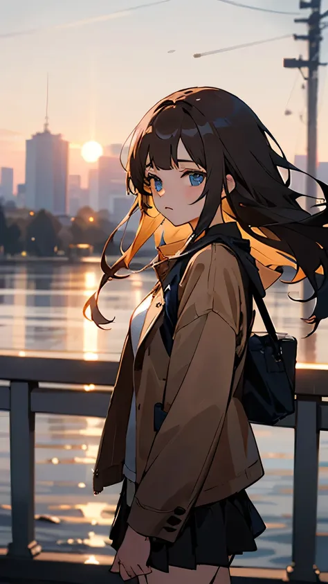 ((Best Quality)), ((masterpiece)), (  Details),(8k), One Beautiful Girl , Almond Eye,Brown long hair,Blue Eyes,Brown jacket, black miniskirt,The city where the sunset is dyed , I feel you in the season that has passed, The words exchanged melt in the wind ...