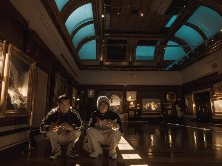 two young guys in tracksuits squatting in an art gallery brightly illuminated through windows in the roof and interior lights. g...