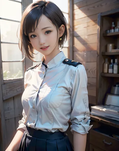 (Realistic:2.0),(High resolution:1.5),(Mastepiece),(1 girl:1.5),(solo:1.5),(teen),(young:1.3),(looking at the viewer),Small face,(small Breasts),(Combat Medic uniform),tight skirt,short bob hair,bangs:1.2,(Detailed eyes),(Accurate eyes),(Realistic eyes),(s...