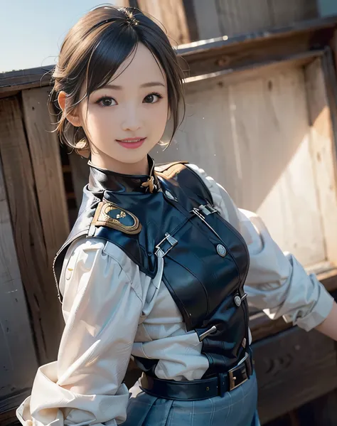 (Realistic:2.0),(High resolution:1.5),(Mastepiece),(1 girl:1.5),(solo:1.5),(teen),(young:1.3),(looking at the viewer),Small face,(small Breasts),(combat uniform),tight skirt,short bob hair,bangs:1.2,(Detailed eyes),(Accurate eyes),(Realistic eyes),(smile:1...
