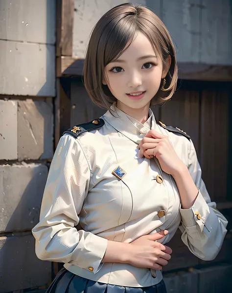 (Realistic:2.0),(High resolution:1.5),(Mastepiece),(1 girl:1.5),(solo:1.5),(teen),(young:1.3),(looking at the viewer),Small face,(small Breasts),(military combat uniform),tight skirt,short bob hair,bangs:1.2,(Detailed eyes),(Accurate eyes),(Realistic eyes)...