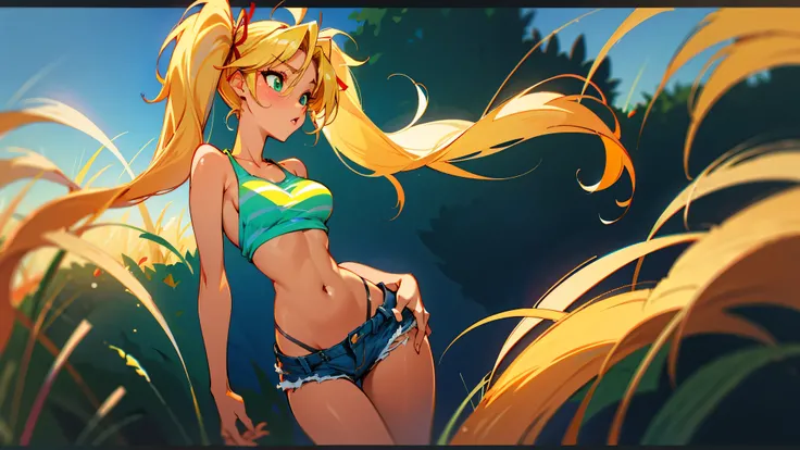1girl, solo, (masterpiece, best quality, High Detail, 8K), blonde, long wavy hair, twintails with red ribbons in hair, dark tanned skin, extremely sexy, bikini tan, large breasts, Head to hips shot, Full body shot, cowboy shot, skinny, large green eyes, ((...