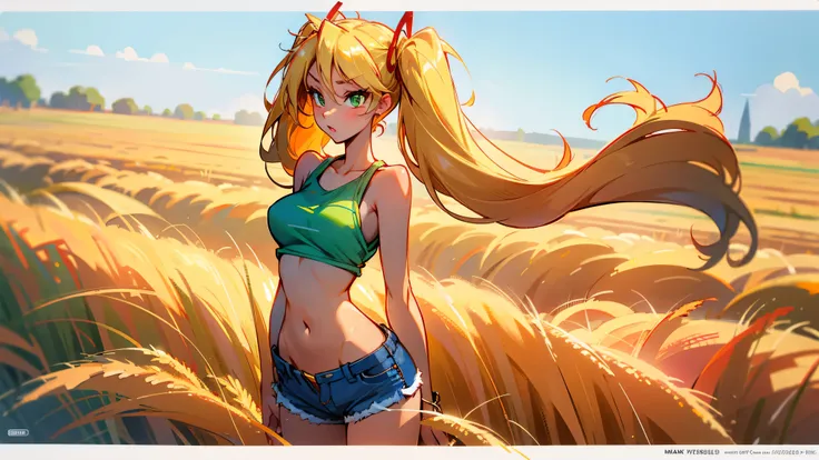 1girl, solo, (masterpiece, best quality, High Detail, 8K), blonde, long wavy hair, twintails with red ribbons in hair, dark tanned skin, extremely sexy, bikini tan, large breasts, Head to hips shot, Full body shot, cowboy shot, skinny, large green eyes, ((...
