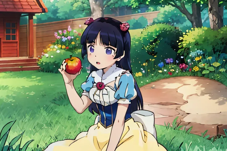 1girl, solo, long hair, bangs, black hair, sitting,  flower, short sleeves, outdoors, food, sky, day, puffy sleeves, blunt bangs, mole, tree, puffy short sleeves, cosplay, mole under eye, fruit, grass, hime cut, house, garden, (ruri gokou), detailed dress,...