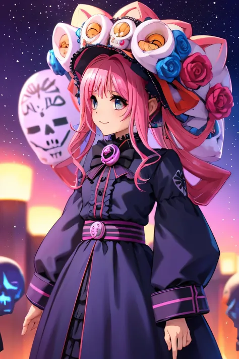 miki tamase vestida como una catrina, anime girl with long purple hair and skull makeup in front of a background, el dia los mue...