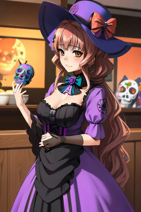 marimo jinguuji vestida como una catrina, anime girl with long purple hair and skull makeup in front of a background, el dia los...