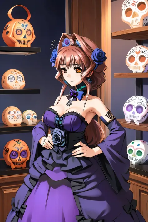 marimo jinguuji vestida como una catrina, anime girl with long purple hair and skull makeup in front of a background, el dia los...