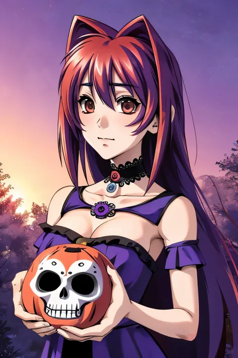 kagami sumika vestida como una catrina, anime girl with long purple hair and skull makeup in front of a background, el dia los m...