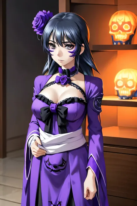 ayamine kei vestida como una catrina, anime girl with long purple hair and skull makeup in front of a background, el dia los mue...