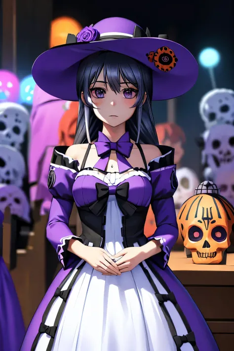 ayamine kei vestida como una catrina, anime girl with long purple hair and skull makeup in front of a background, el dia los mue...