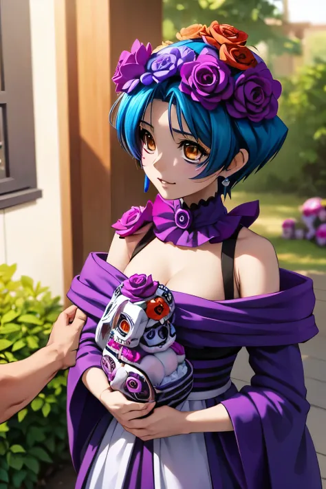 mikoto yoroi vestida como una catrina, anime girl with long purple hair and skull makeup in front of a background, el dia los mu...