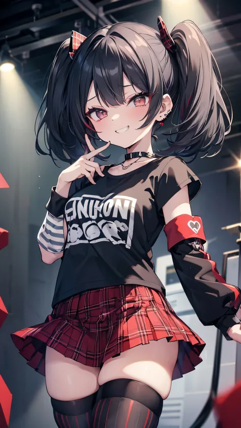 ((masterpiece、Best Quality、 very detailed))、 one girl playing pranks、Black Hair、short twintails、Grey Eyes、evil smile、(( clench teeth))、((lots of piercing))、 small breasts、(( black t-shirt ))、((stripe arm sleeves))、((red plaid skirt))、((stripe thighhighs))、...