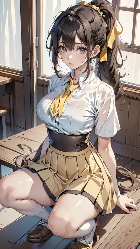 1womanl,12year old,Dark head hair,Beautiful ponytail hairstyle, (yellow high waist skirt:1.3),, (whiteshirt:1.3), (double-breasted,Underbust:1.2), Short sleeves, buttonGap,moaning,small tits,Sweaty shirt,Thigh sweat,half squatting,Legs wide open,My crotch ...