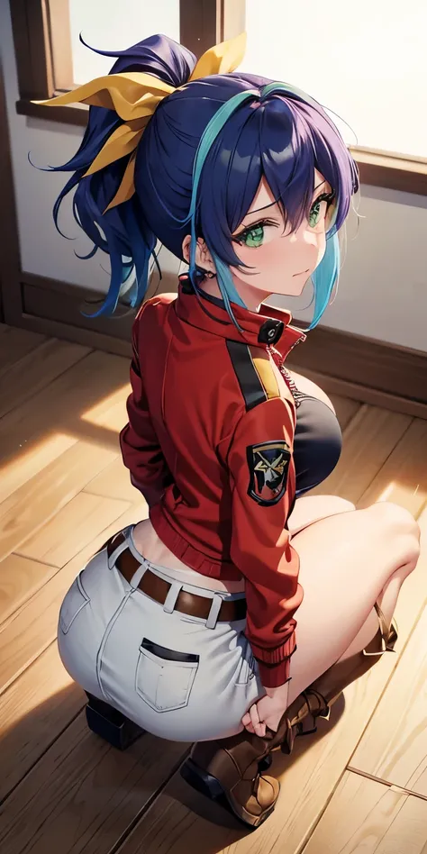 1 Female,High definition,high resolution,Ultra-realistic,8K, aaserena, yellow ponytail, ((multicolored hair)),green eyes, red jacket, black shirt, belt, white skirt, tight skirt, miniskirt ,brown boots, medium breasts,European,sexy,Upper body close-Photogr...