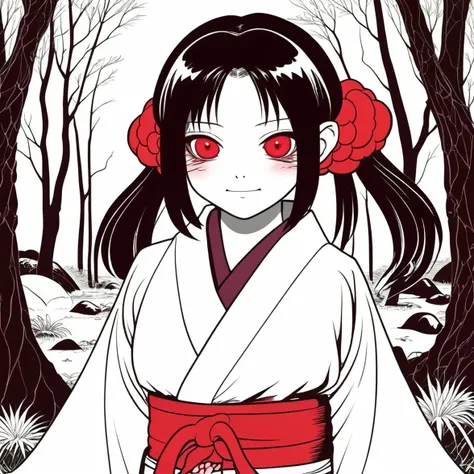 (1 girl:1.2), solo, himecut,traditional japanese clothes, red eyes,cartoon style, joe fenton, a black and white photo of deadpan...