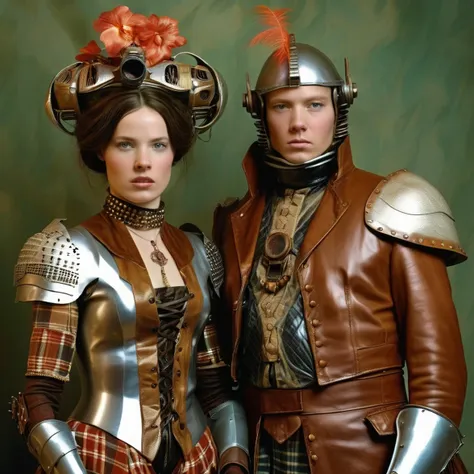 there is a robot and a woman dressed in costumes side by side, victorian science fiction inspired, hugh kretschmer, plaid attire...