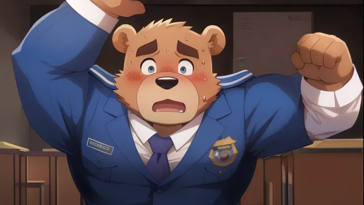 Baby Face,  muscleman ,  big chest ,  cute bear boy ,uniform , Blush,  embarrassed ,  expression of agony,  crab step , keep penis , sweat, How drops , testis, School, darkness, two people,  highest quality 