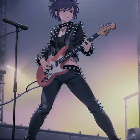 ( masterpiece :1.2), A photorealistic photo of Mumm-Ra, alone, full body of a young punk with a black leather jacket:1.5, (( mohawk in various colors .)), sure of himself, dynamic pose with electric guitar ( improvement :1.3) ( punk rock guitar wit...