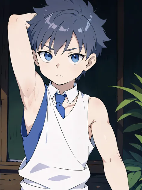 Highres, Masterpiece, Best quality at best,Best Quality,hight quality, hight detailed, Anime style, age 12, 1boy, Boy, Shota, Solo person, Young boy, upper body, slim body, neat hair, Sleeveless vest, tie, bare shoulder, cafe, night, (Showing armpit:1.3), ...