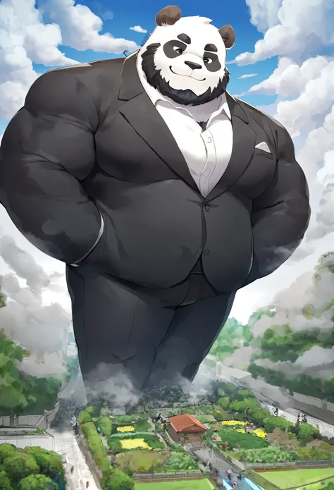 panda，  personification  ，mature man，strong men  ，  Black beard  ，Cold expression，  friendly smile  ，  black eyebrows  ，black suit suit  ，  hands in pockets ，  The Age of Steam，garden。(Massiv:3.0, (  heavyweight,stark,Macro, Emphasize , Holds a small  ))