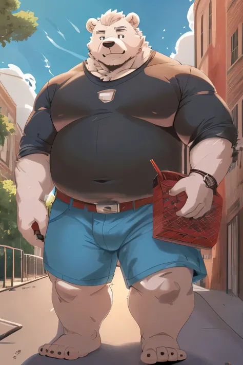   gained weight  、  overweight  、berries, Tier, Person 、   brown eyes 、polar bear、fur、Fluffy、cute(Student、short、  black clothing、  wear gakuran  ）(Schoolgrounds ）(  white T-shirt、 blue shorts 、  I was stripped of my clothes), Massiv:6.0, (  heavyweight,sta...