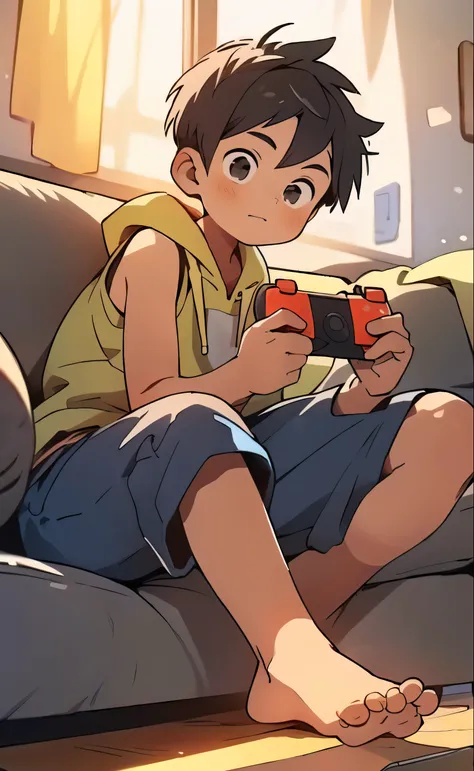 ((Masterpiece)), (best qualityer), (1boy:1.2), (:1.2), Sleeveless hoodie, In the room, Close-up, looks away, Barefoot, sitting in the couch, ((From the front below)), (Press and hold the game controller),