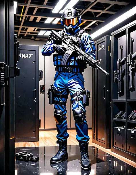 best quality, masterpiece, hires, 8k, solo, solo focus, highly detailed, 1male, male focus, blue swat uniform, black gloves, (belt, drop-down pistol holster), black boots, knee boots, cinematic lighting, holding rifle, ar-15, high tech room, indoors, stand...