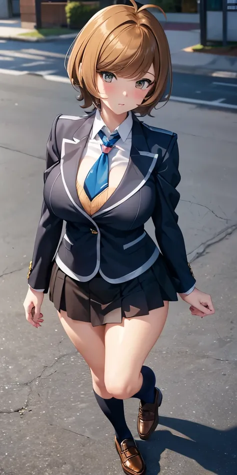 1 Female,High definition,high resolution,Ultra-realistic,8K, hmza, short hair, antenna hair, brown eyes, school uniform, blue necktie, yellow shirt,black jacket, long sleeves, black skirt,tight skirt, miniskirt, large breasts, brown shoes,large breasts,Eur...