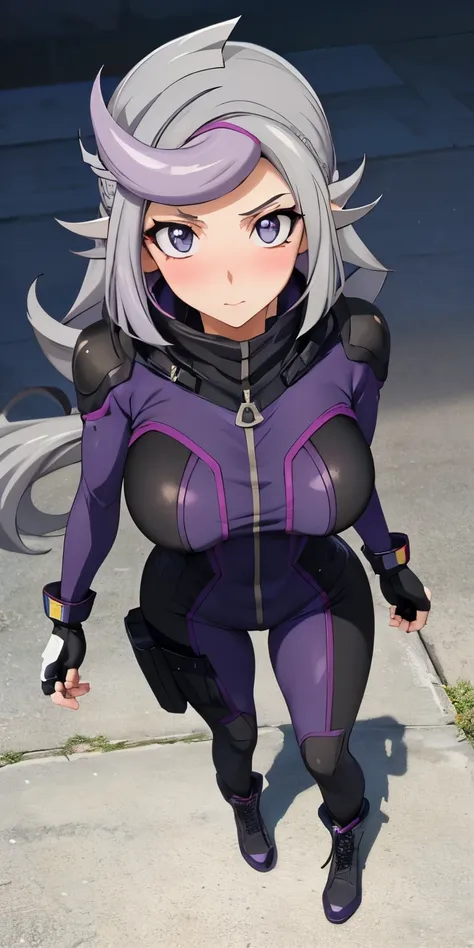 1 Female,High definition,high resolution,Ultra-realistic,8K, 1girl,  (emma_bessho:1.2),  (grey hair:1.2),(  purple hair:1.2),  grey eyes,  low-tied long hair,  (medium breasts:1.2),  (wide hips:1.2),  (purple bodysuit:1.2),  (long sleeves:1.2),  pants,  (b...