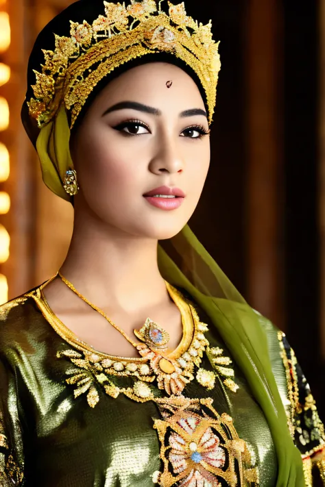 (best quality,4k,highres,masterpiece:1.2),ultra-detailed,realistic:1.37,beautiful and regal javanese queen with hijab,dark and l...