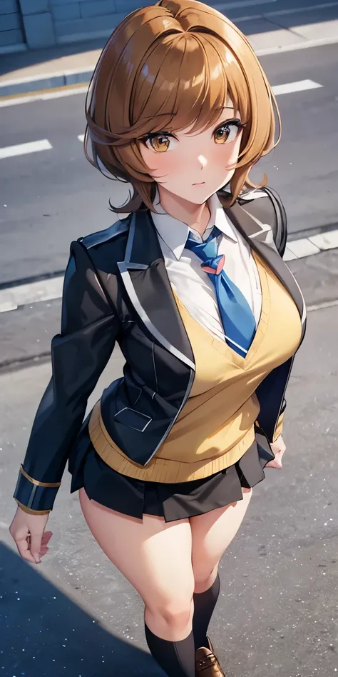 1 Female,High definition,high resolution,Ultra-realistic,8K, hmza, short hair, antenna hair, brown eyes, school uniform,( blue necktie), (yellow shirt),(black jacket), long sleeves, black skirt,tight skirt , ((miniskirt)), black shoes,European,sexy,Upper b...