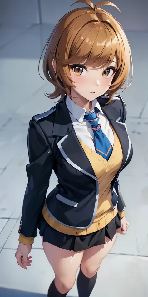 1 Female,High definition,high resolution,Ultra-realistic,8K, hmza, short hair, antenna hair, brown eyes, school uniform,( blue necktie), (yellow shirt),(black jacket), long sleeves, black skirt,tight skirt , ((miniskirt)), black shoes,European,sexy,Upper b...