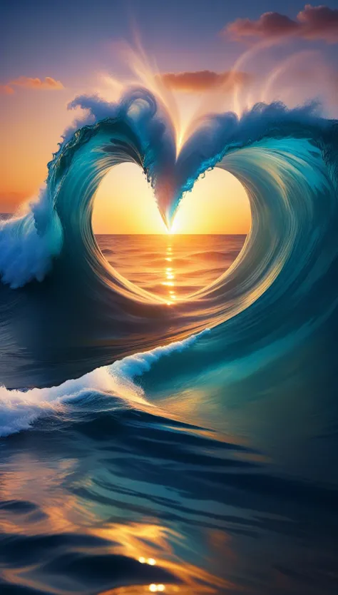 a close up of a aceno making a heart shape with the sun setting in the background, breathtaking aceno, stunning acenos, tube aceno, ocean aceno, aceno, incredible depth, beautiful image already created, beautiful acenos in sea, aceno breaking, linda arte, ...