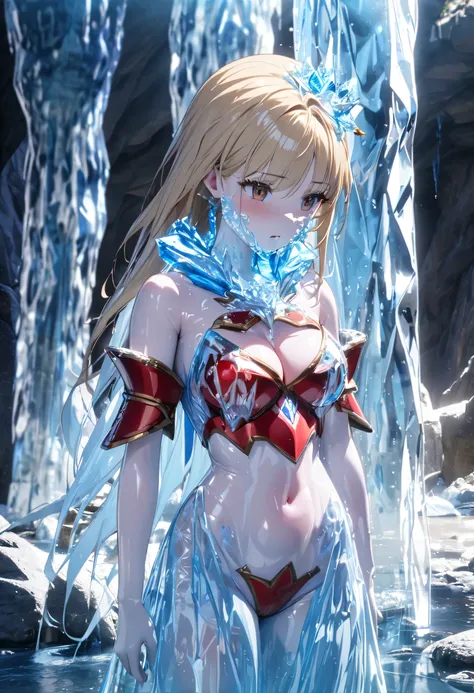 masterpiece, best quality, 1girl, solo, blonde hair, long hair, brown eyes, slim, beautiful, human, medium breasts, (red armor:1.1), heavy equipment, cleavage-baring, navel-baring, (girl is trap in the huge clear ice, a girl trapped in a huge clear ice pil...