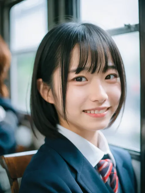 Japanese women, school uniform、Sweaty shiny skin、Young Face, Bob Cut Hair, morning, window, Incomplete details, Shooting with Leica, analog, 35mm:: (Artistic light leakage:1.4), Lens flare::4 - Style Row - AR 2:3 --s 150 --c 4,smile