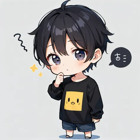 Alone,  1 adult male，Short Hair, Black Hair, Chibi, No background, yellowＴshirt, whole body, One person, Chibi style, Short hair,  easy-going expression、